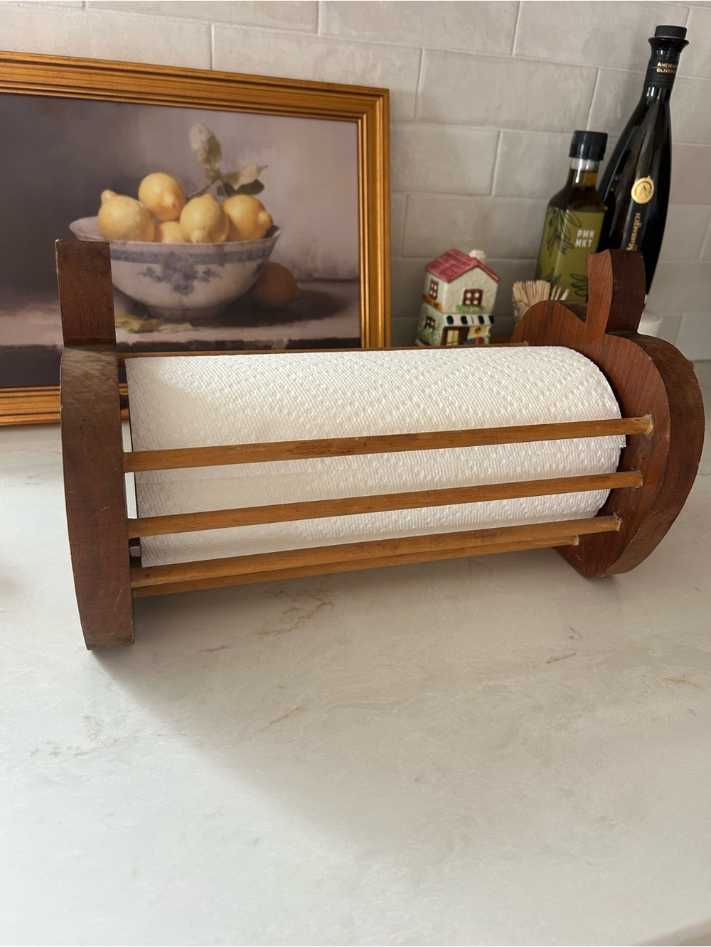 Vintage Wooden Apple Paper Towel Holder Dispenser Country Farmhouse Kitchen